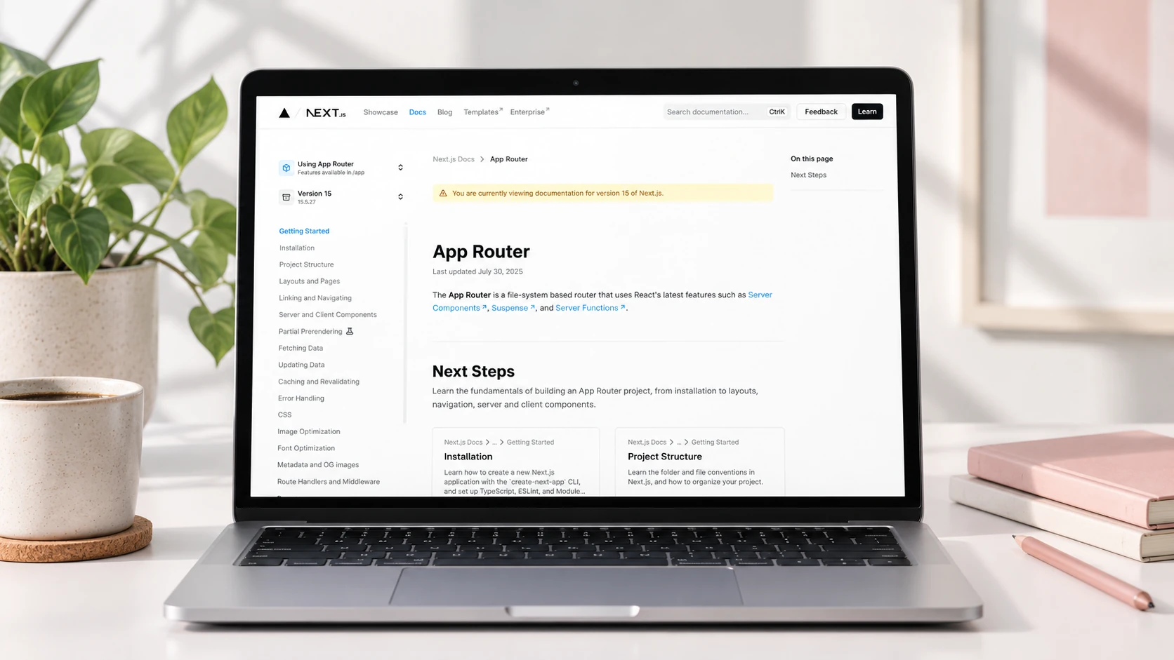 Notebook s dokumentací Next.js 15 App Router na světlém pracovním stole