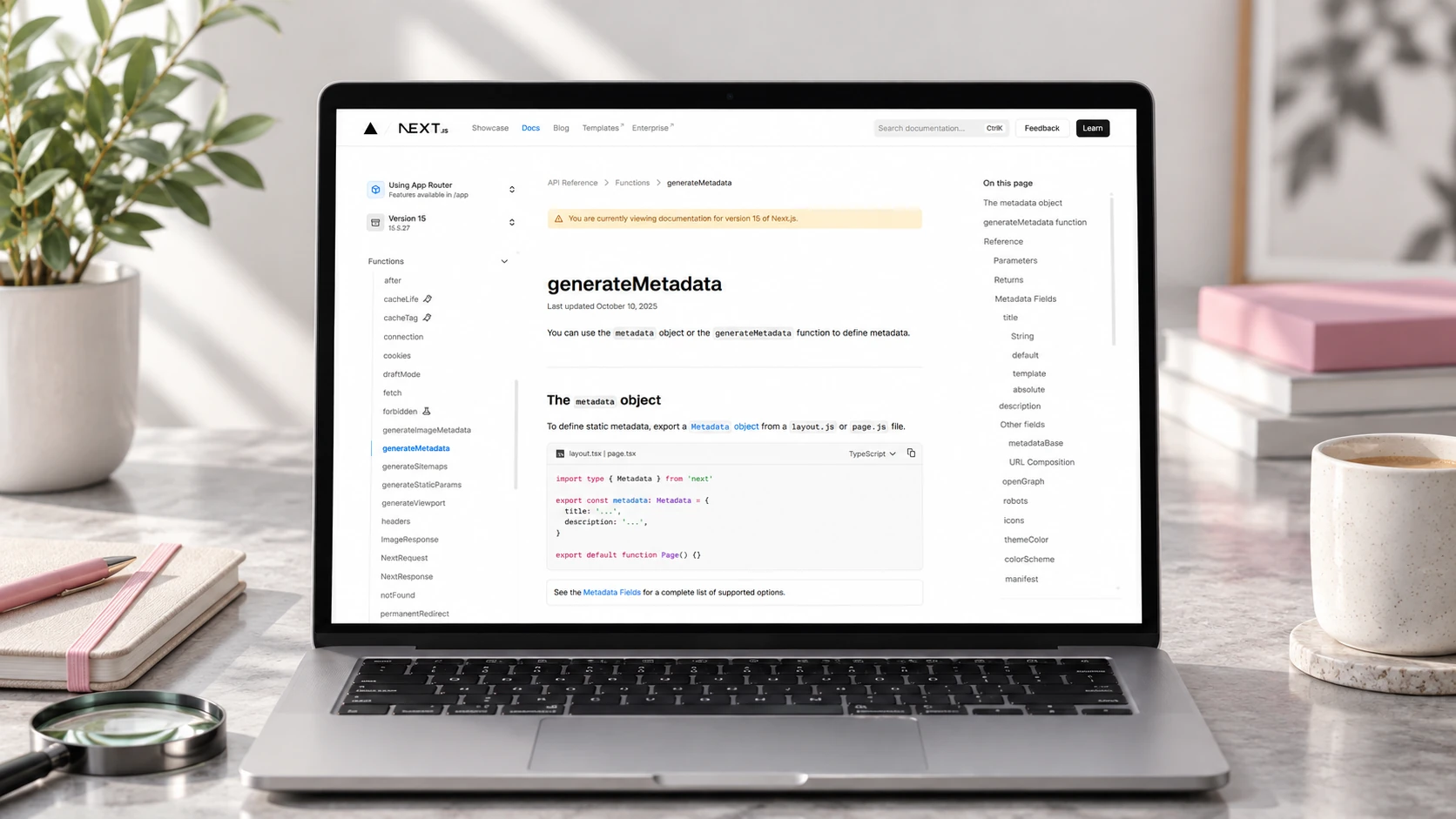 Notebook s dokumentací Next.js k tvorbě metadat a technickému SEO