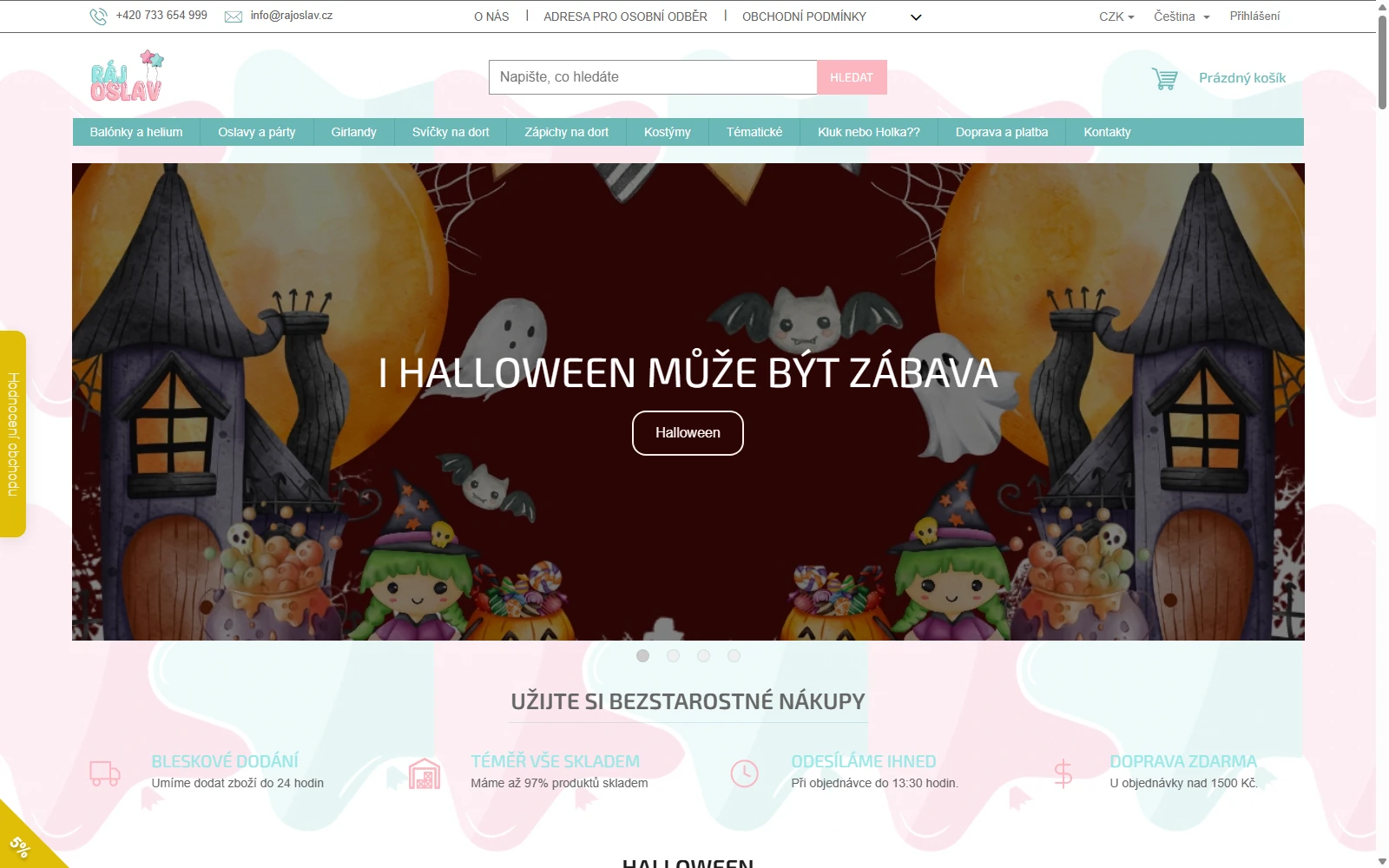 Shoptet e-shop Ráj oslav s konkrétní nabídkou dekorací